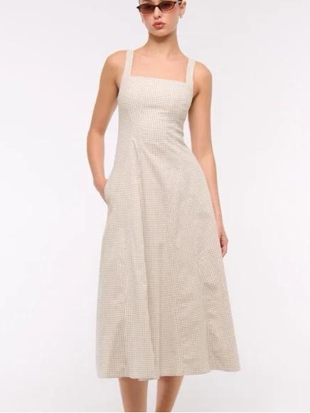 Abercrombie & Fitch Beige Gingham Square-Neck Midi Dress